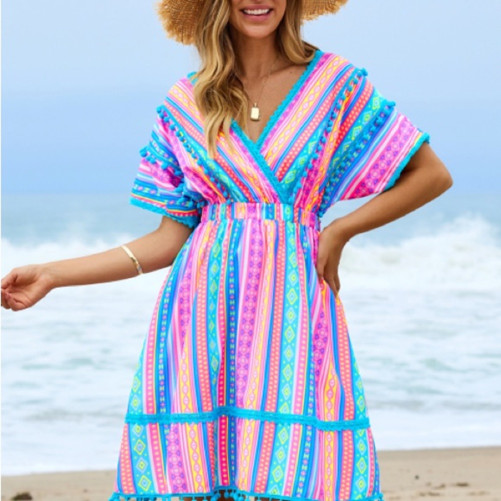 Tropical Stripe Pom Trim Resort Dress/ Swimsuit Coverup